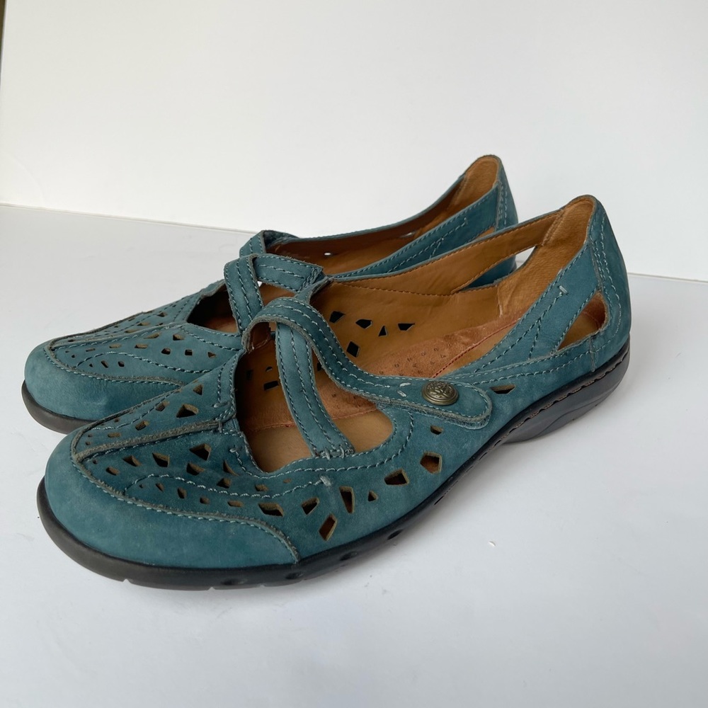Cobb Hill New Balance Teal Suede Criss Cross Mary Janes Velcro Strap Sandals - Picture 2 of 10